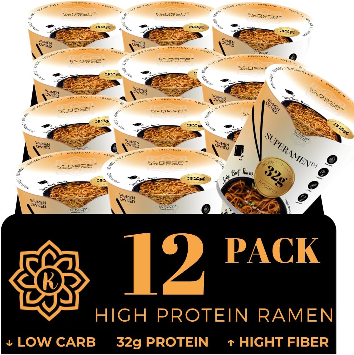 KLDSCP Protein Ramen Instant Noodles Soup “Spicy” Beef Flavor, 32g High Plant-Based Protein, 12 Packs, Non-Fried, Vegan, Low Fat, Non-GMO, Egg & Dairy Free, Healthy Asian Meal