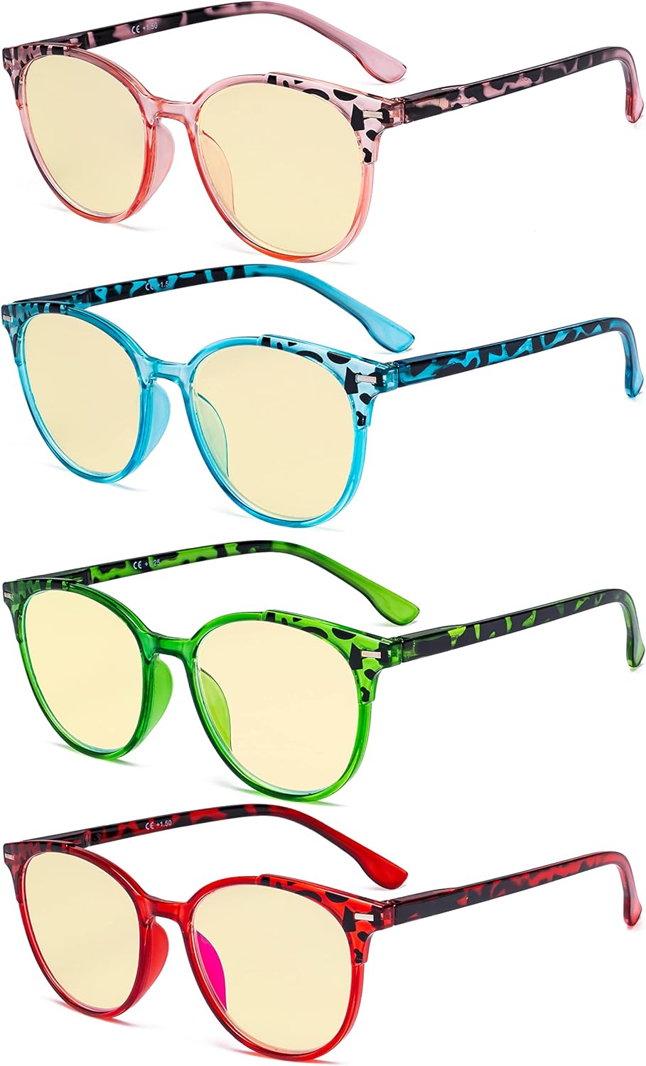 Eyekepper 4 Pack Ladies Computer Reading Glasses - Oversize Round Stylish Blue Light Blocking Readers for Women Yellow Tinted +1.50