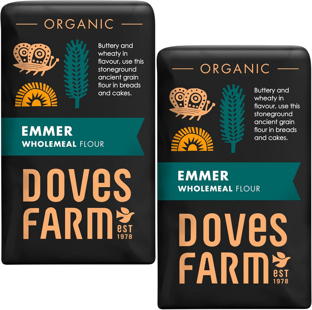 Doves Farm Organic Stoneground Wholemeal Emmer Flour 2.2 lb / 1 kg (Pack of 2) - High Protein Ancient Grain Emmer Whole Wheat, British Baking Flour for Breads & Cakes, Kosher & Vegan, Imported from UK