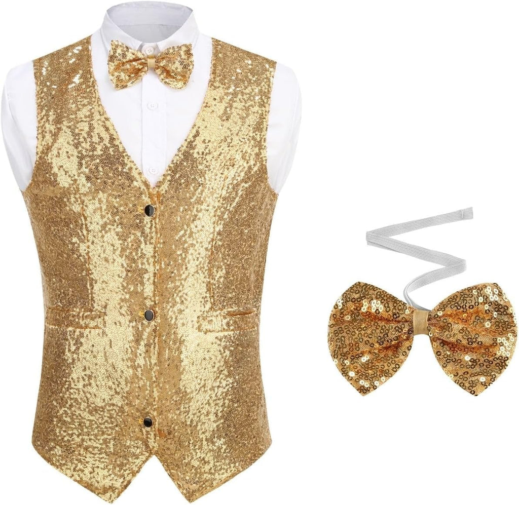 Adult Sequin Suit Tuxedo Vest Men with Bows Ties Formal Daily Disco Party