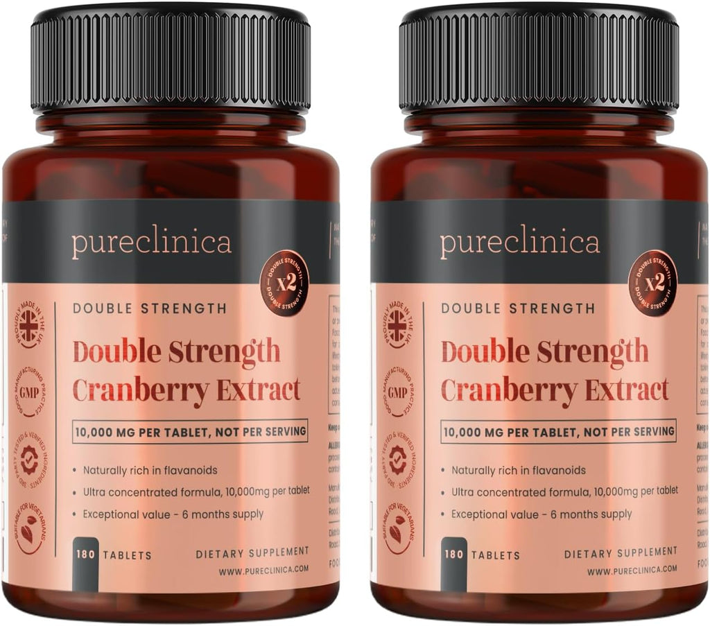 pureclinica Double Strength Cranberry Extract 10,000mg x 360 Ultra Concentrated Tablets (2 Bottles of 180) - 12 Months Supply!