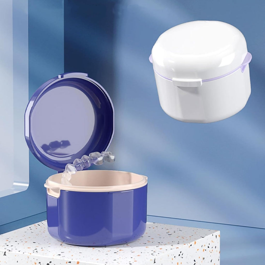 Double-Layer Denture Case with Drainage Holes - Retainer Holder, Travel-Friendly 3.8" L × 3.5" W × 2.8" H Blue