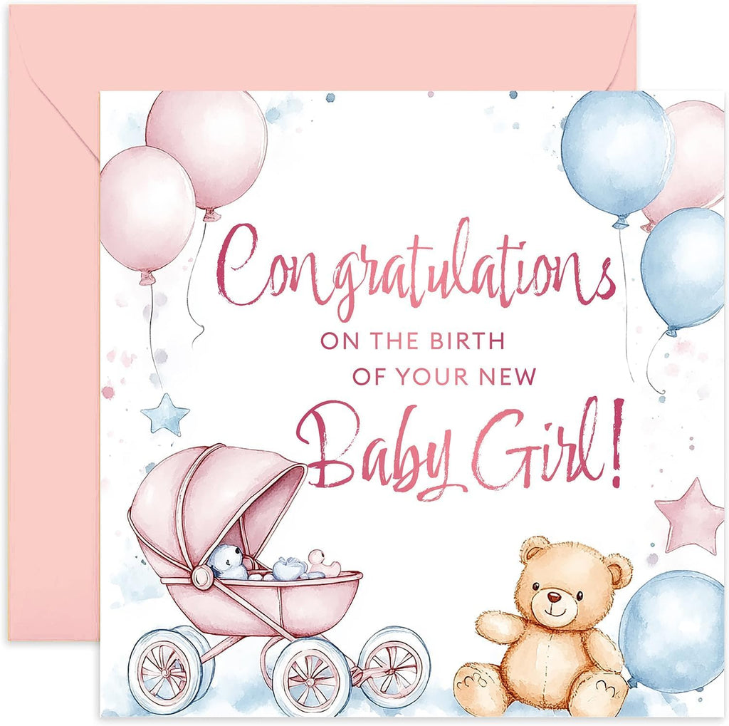 Congratulations on Your New Baby Girl Greeting Card - Well Done, Congrats, Welcome To the World - Pink Balloons and Pram - Newborn Gift for Mummy Daddy