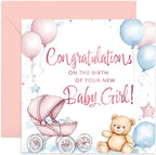 Congratulations on Your New Baby Girl Greeting Card - Well Done, Congrats, Welcome To the World - Pink Balloons and Pram - Newborn Gift for Mummy Daddy