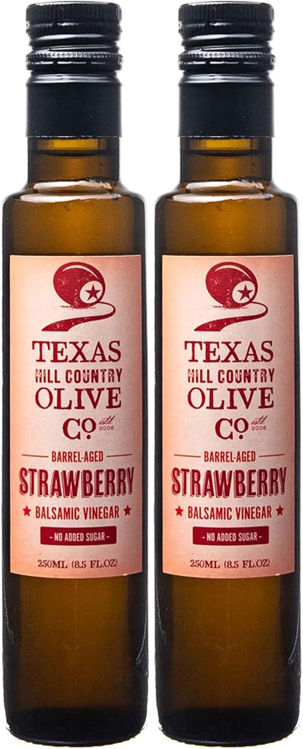 Strawberry Balsamic Vinegar - Gourmet Barrel Aged Infused Balsamic Vinegar - Great for Dressing Dipping Glazing - No Artificial Flavors or Added Sugar - Made in Texas (8.5 oz, 2 Pack)