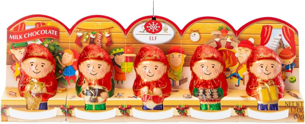 easter Lindt.sMilk Chocolate Elf Figures, Festive Gift Tray Box, 5 Pack of Individually Foil Wrapped Milk Chocolates Mini Hollow Elf Candy, Perfect Basket Filler & Decoration