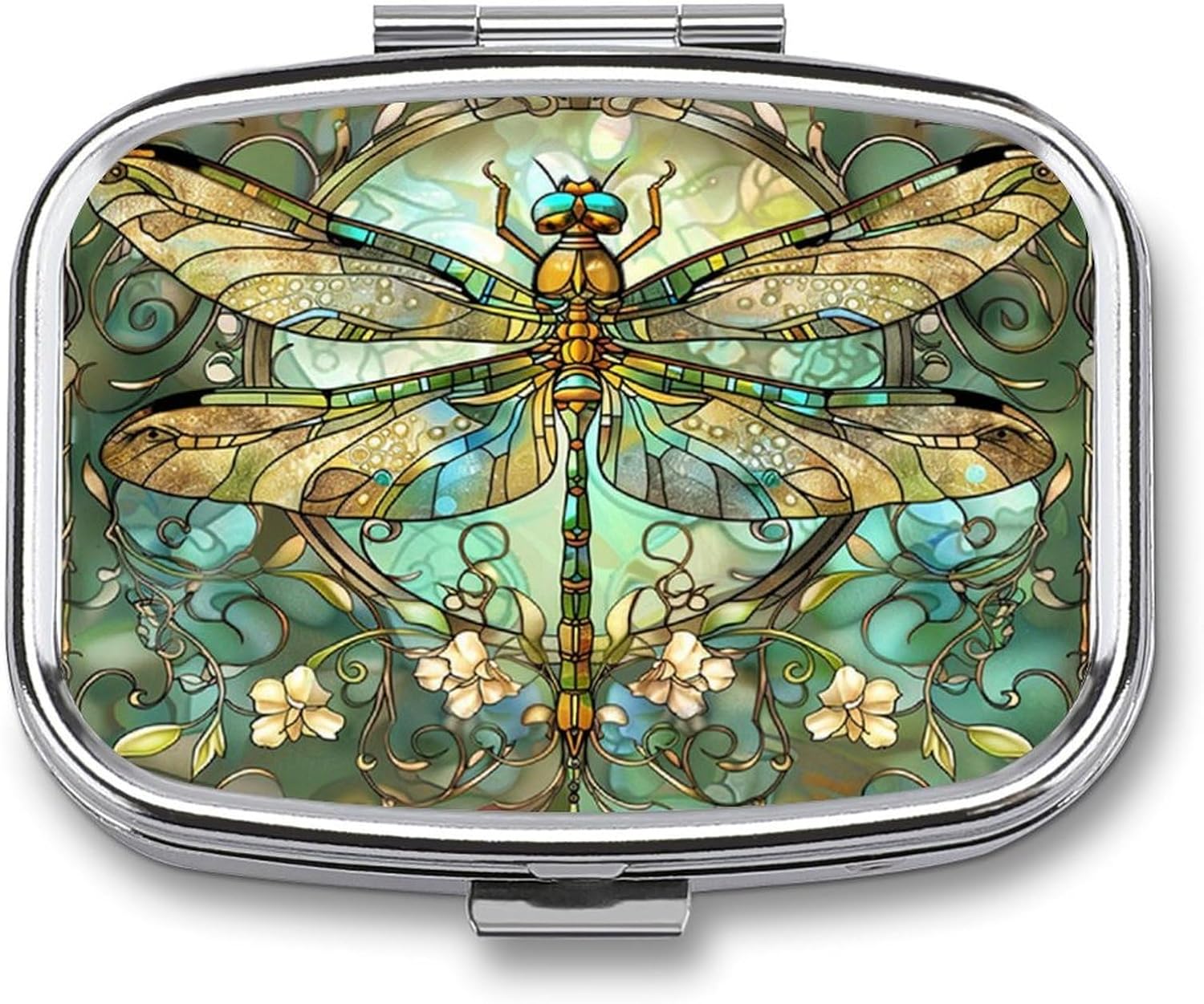 Metal 2 Compartment Pill Organizer Travel Friendly Portable Compact Pill Box Cute Pill Case to Hold Vitamins,Fish Oil,Supplements,Meds,Tablet for Purse,Pocket. (Dragonfly)