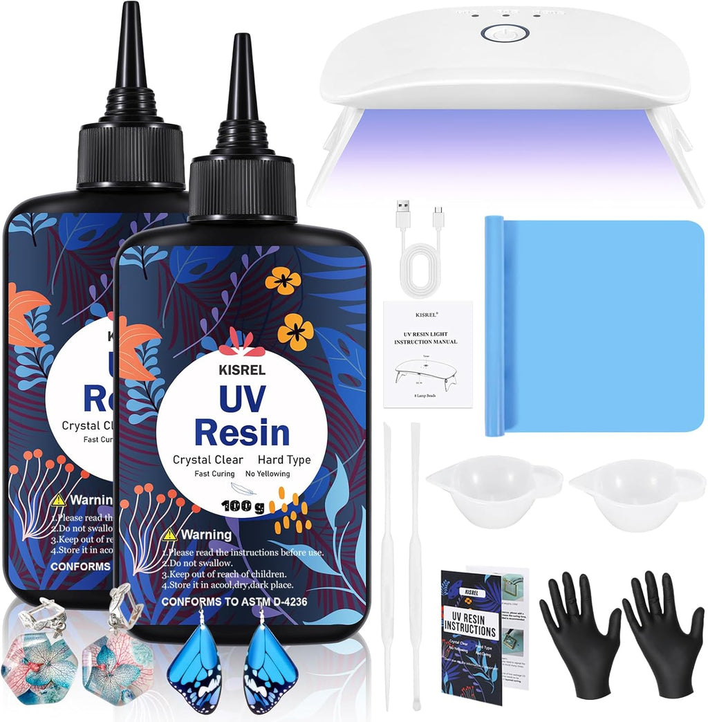 KISREL UV Resin with Light - 200g Upgraded Hard Type Crystal Clear Ultraviolet Curing UV Resin Kit, 8 Lamp Beads UV Light, Resin Kit with Light for Craft Jewelry Making