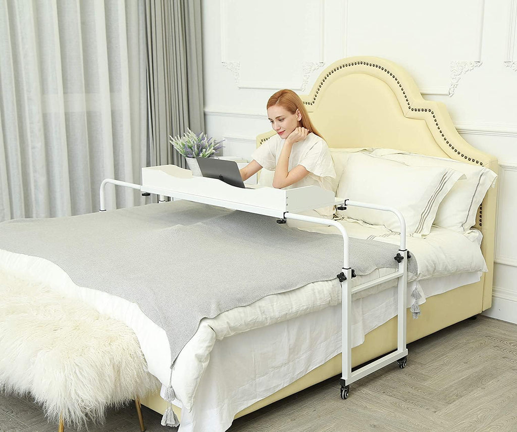 UNICOO Adjustable Overbed Table, Over the Bed Table with Wheels, Medical Overbed Table with Wheels Adjustable Height, Rolling Desk for Full/Queen/King Bed, Sturdy Wood & Steel Frame (202-White)