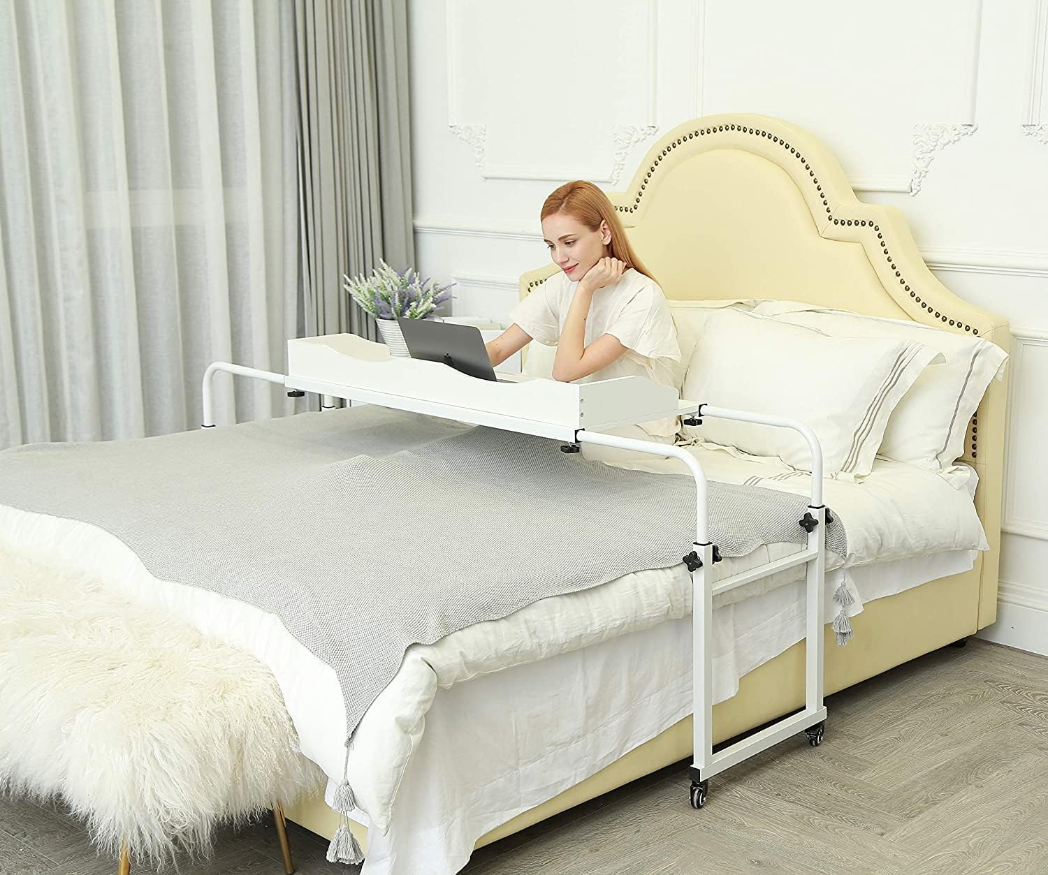 UNICOO Adjustable Overbed Table, Over the Bed Table with Wheels, Medical Overbed Table with Wheels Adjustable Height, Rolling Desk for Full/Queen/King Bed, Sturdy Wood & Steel Frame (202-White)
