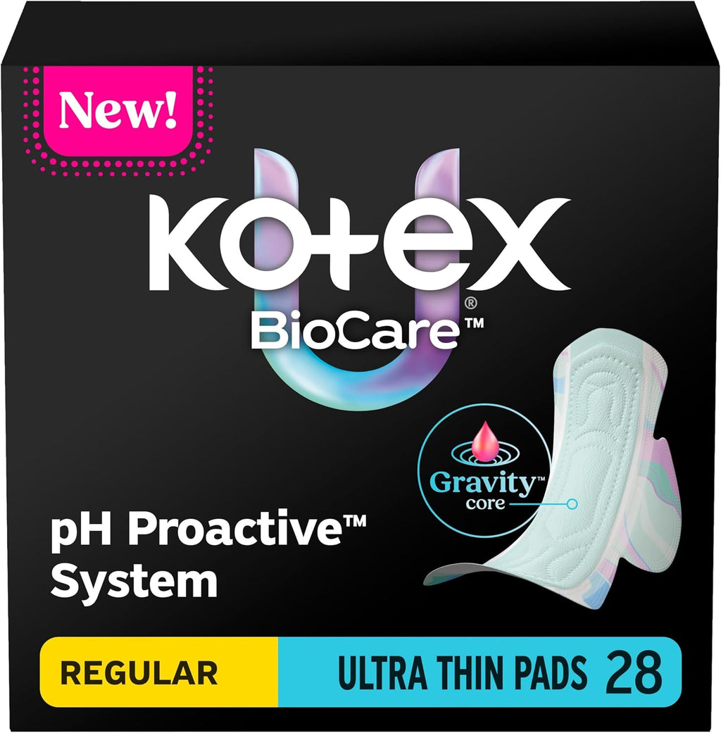 Kotex BioCare Ultra Thin Pads with Wings, Regular Absorbency, 28 Count (Packaging May Vary)
