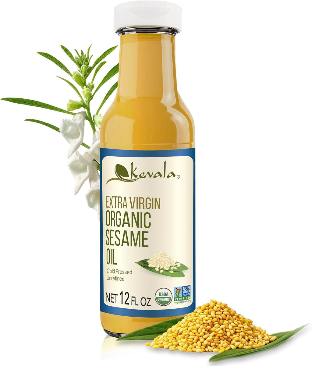 Kevala Organic Extra Virgin Sesame Oil – Only Premium Seeds Used , For Cooking , Cold Pressed, Unrefined , Suitable in Hair Care , Body, Bath ,12 oz
