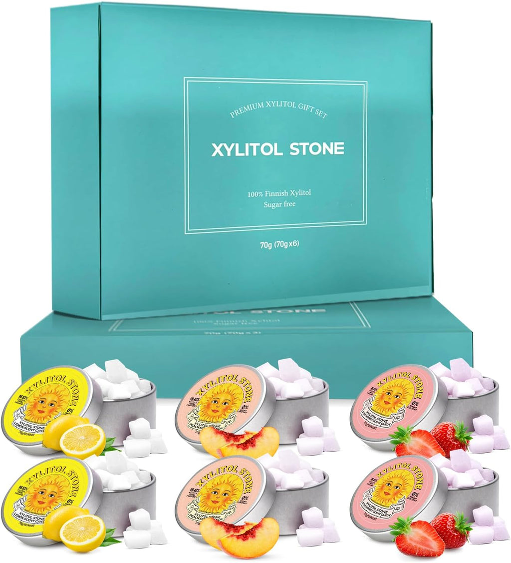 Xylitol Stone Sugar Free Candy - Vegan & Keto Friendly Unique Hard Candy - 100% Natural Flavor Candies - Gluten Free & Non-GMO Breath Freshener Mints - Pack of 6 (2 Strawberry, 2 Lemon, 2 Peach)