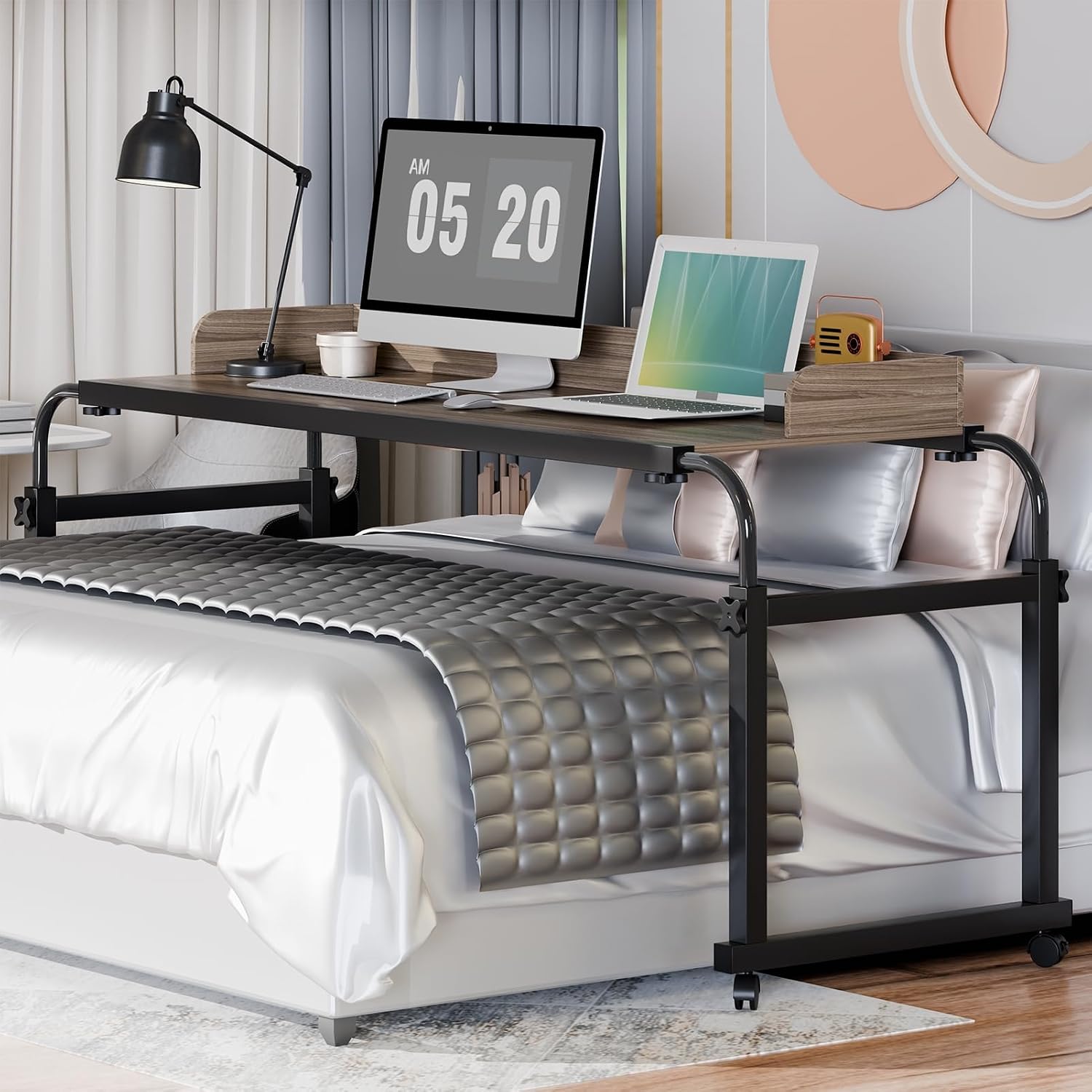 Over Bed Desk, Overbed Table with Wheels Adjustable Height, Mobile Bed Desk with Baffle, Cup Holder (US Fast Arrival) 120cm 120 cm