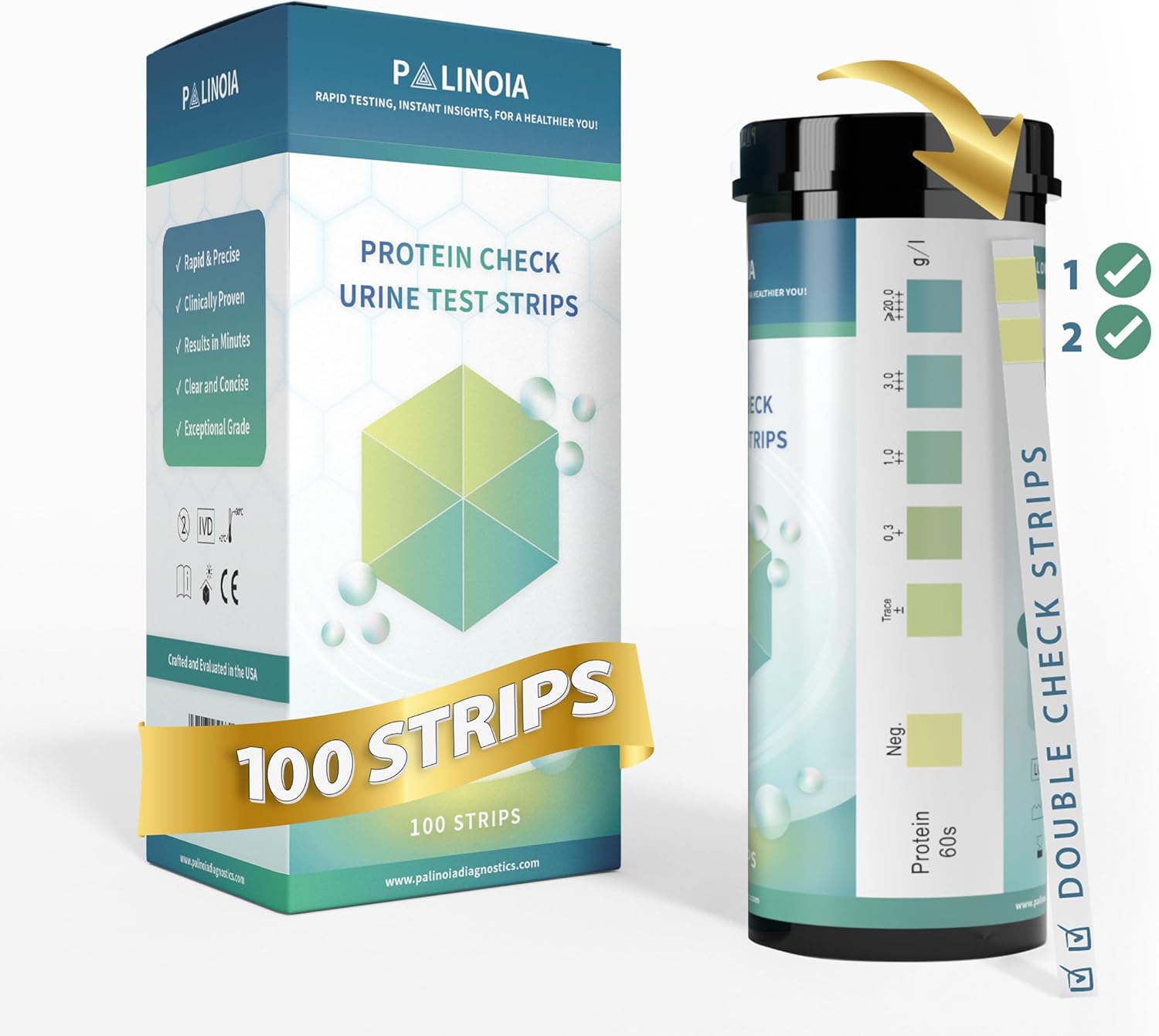 Double-Check Protein Test Strip Kit - 2X More Dependable Protein Test for Urine, Protein Urinalysis Home Urine Test Strip for Kidney Function Assessment (100 CT)