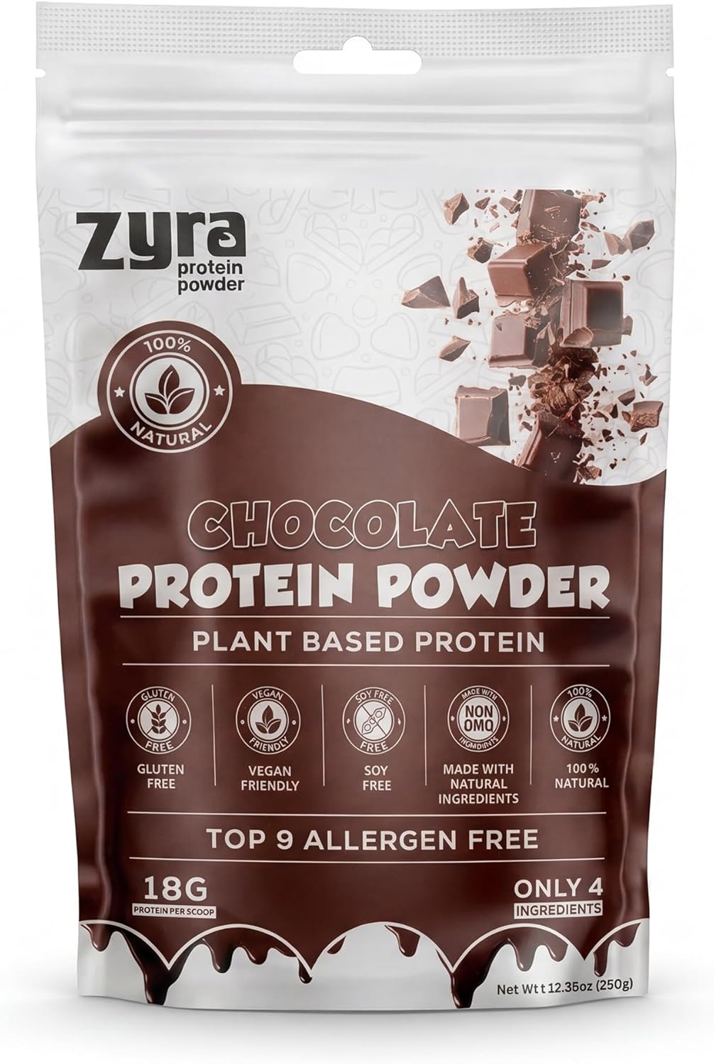 Zyra Pea Protein Powder Chocolate – 18g Plant Based Protein, Vegan, Dairy Free, Gluten Free, Soy Free, Top 9 Allergen Free, Low Carb, Keto Friendly, Smooth Mixing, Easy to Digest