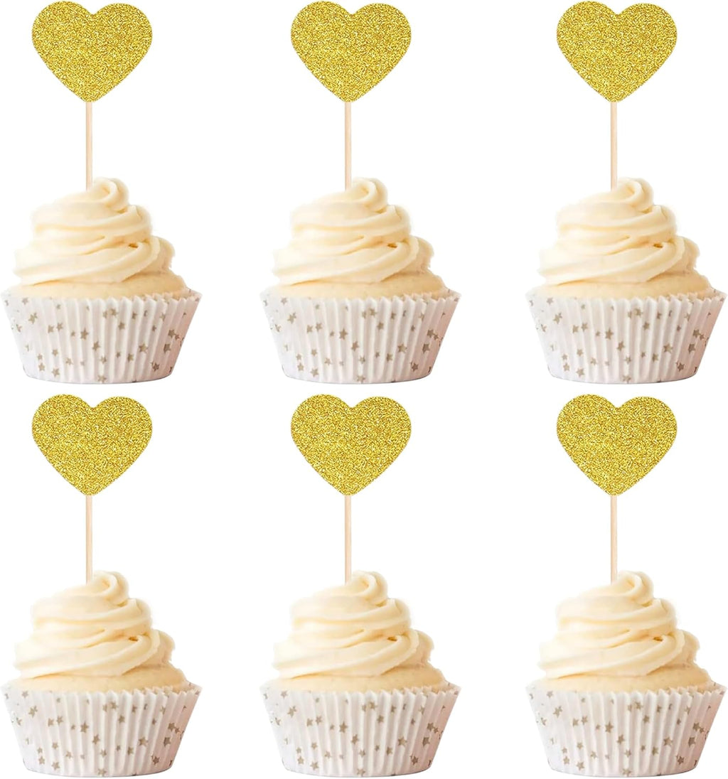 20 Pcs Heart Shaped Glitter Cupcake Decorations, Gold Cake Topper Suitable for Wedding Party Birthday Party Anniversary Cake Toppers