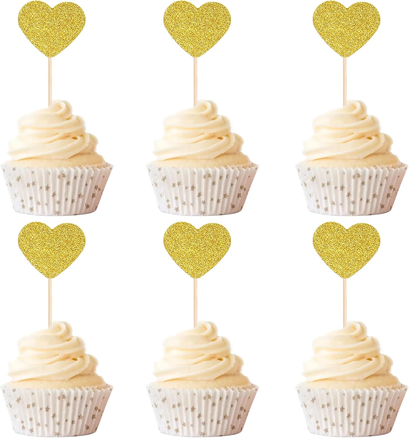 20 Pcs Heart Shaped Glitter Cupcake Decorations, Gold Cake Topper Suitable for Wedding Party Birthday Party Anniversary Cake Toppers