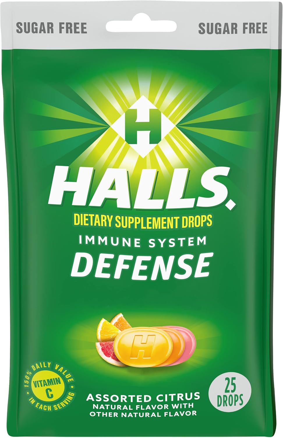 HALLS Defense Assorted Citrus Sugar Free Vitamin C Drops, 25 Drops