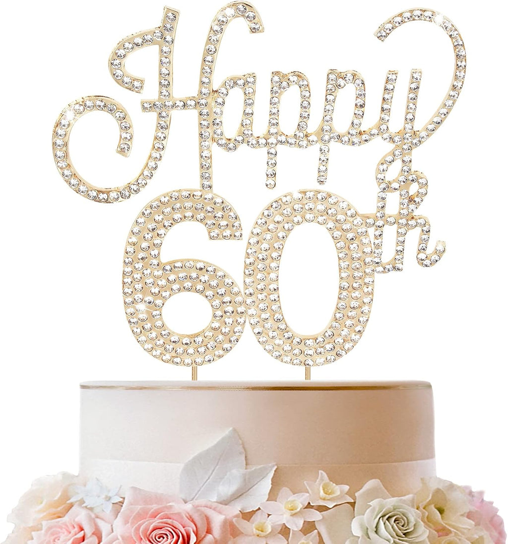 LINGTEER Happy 60th Birthday Gold Rhinestone Cake Topper - Cheers to 60th Birthday Sixty Years Old Anniversary Party Cake Centerpieces Topper Decorations Gift Sign.