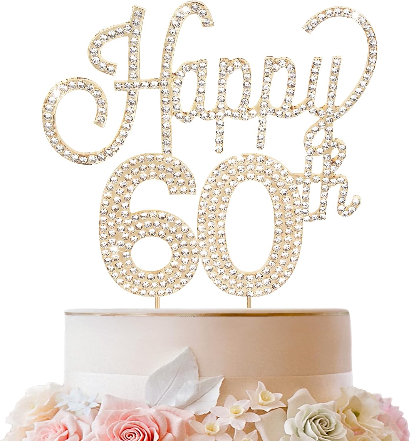 LINGTEER Happy 60th Birthday Gold Rhinestone Cake Topper - Cheers to 60th Birthday Sixty Years Old Anniversary Party Cake Centerpieces Topper Decorations Gift Sign.
