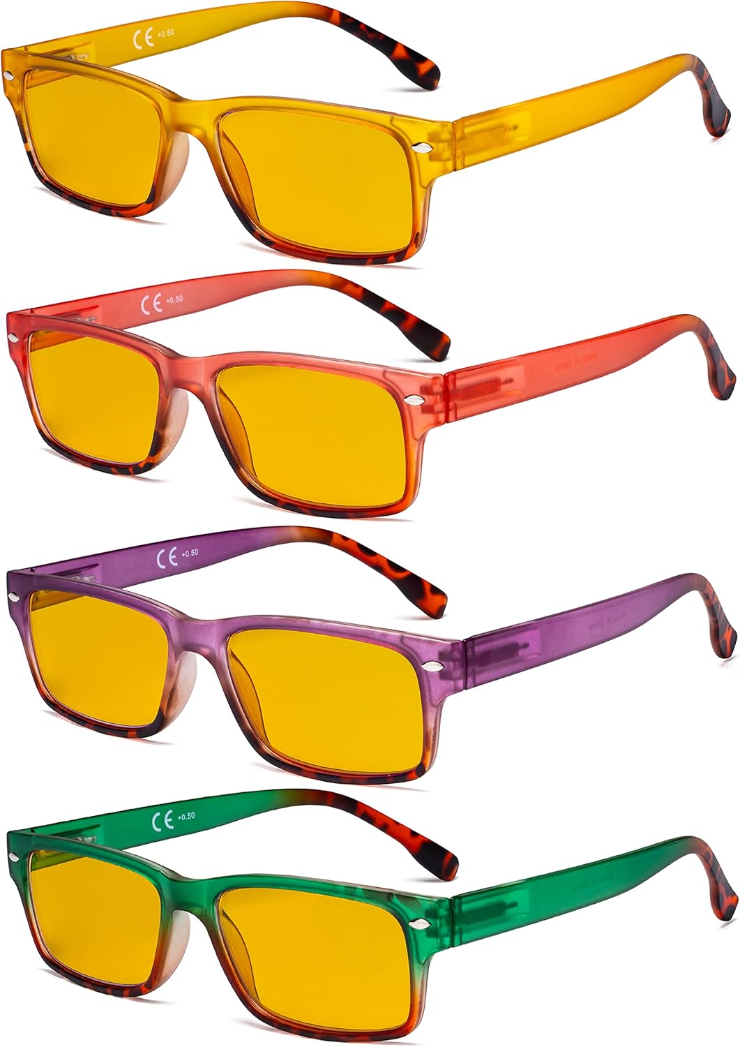 Eyekepper 4 Pack Computer Eyeglasses - Fashion Blue Light Blocking Readers for Women Men Amber Tinted +0.00