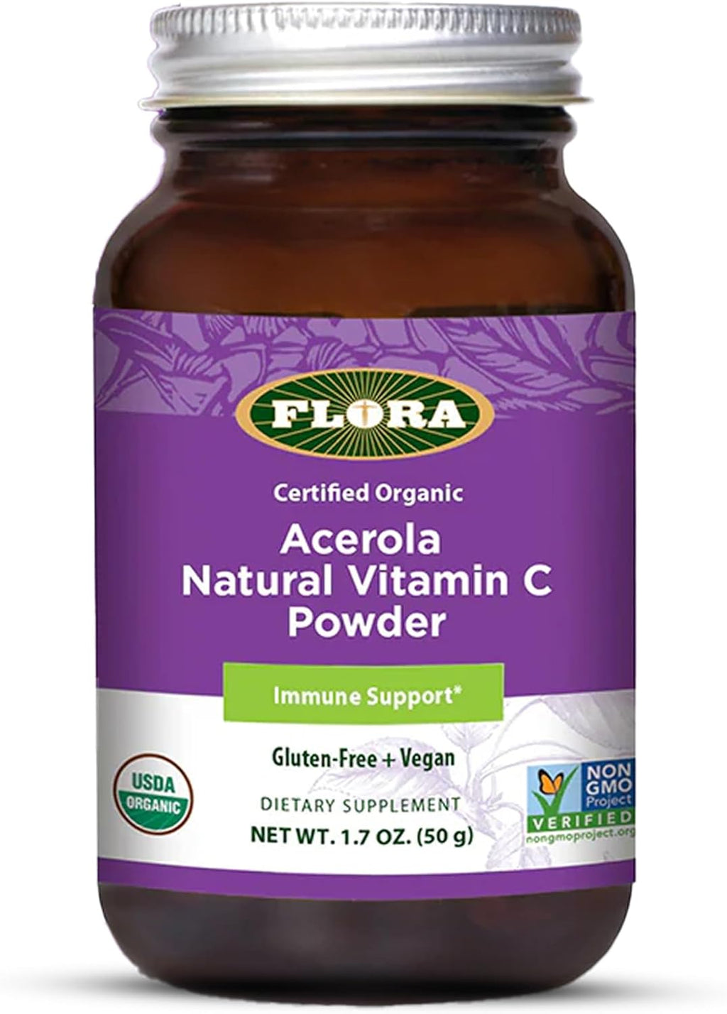 Flora Acerola Powder - Vitamin C & Antioxidants - Immune Support Supplement - Organic, Non-GMO & Vegan - 1.7 oz. Glass Bottle