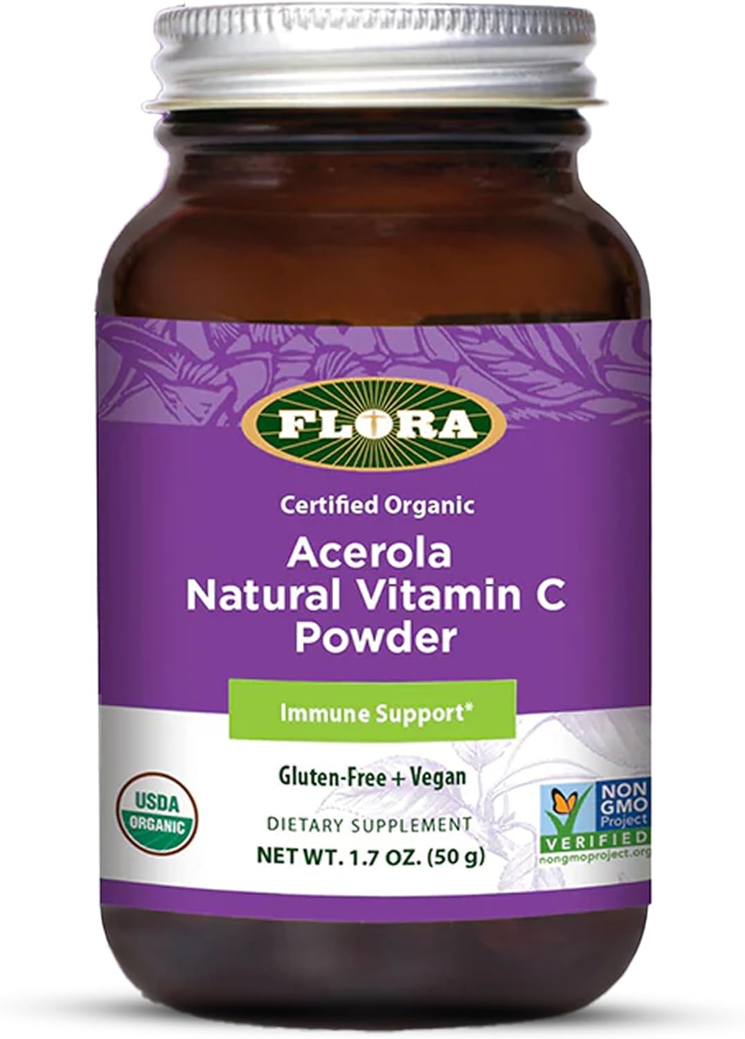 Flora Acerola Powder - Vitamin C & Antioxidants - Immune Support Supplement - Organic, Non-GMO & Vegan - 1.7 oz. Glass Bottle