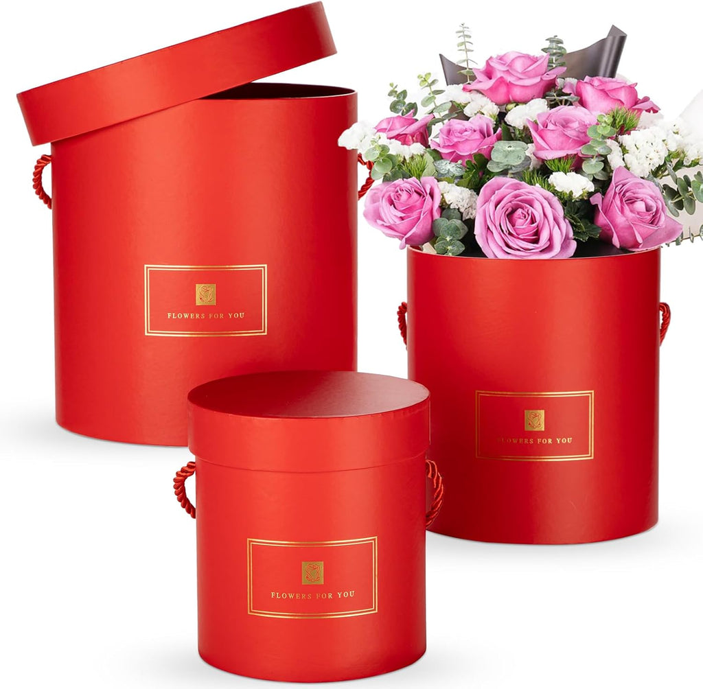 Hollyone Red Gift Box with Lids Set of 3 Round Nesting Gift Boxes Cylinder for Presents 3 Assorted Sizes Flowers Arrangements Boxes for Gift Giving Christmas Valentine Mom Gifts Present Wrapping