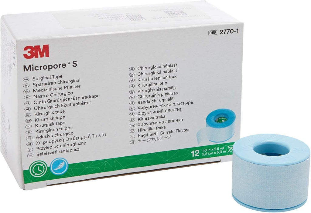 3M Micropore Skin Friendly Silicone Medical Tape, 1 Inch X 5-1/2 Yard, Blue, 12 Rolls, 1 Pack