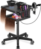 TASALON Professional Hair Extensions Organizer Cart Metal Salon Tray Cart with 2 Magnetic Bowls, Hair Dryer Holder,Adjustable Rolling Base, Black