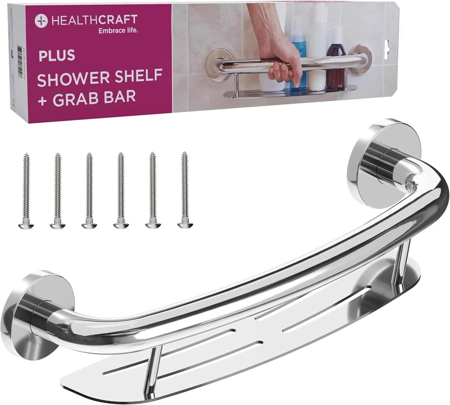 HEALTHCRAFT Plus 2-in-1 Shampoo Shelf and Decorative Grab Bar (16 Inch), ADA Compliant Bathroom Safety Grab Bar for Seniors, Wall-Mounted, Supports Up to 500 lbs in Chrome