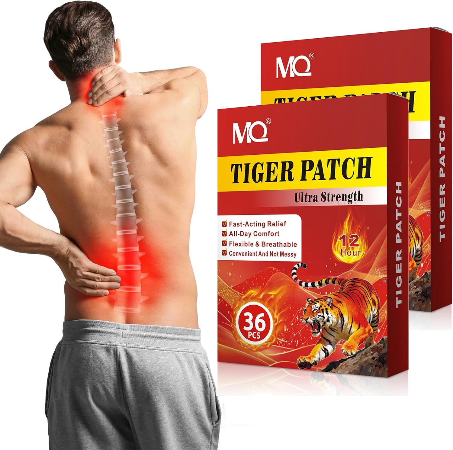 MQ Tiger Patches, Chinese Herbal Heating Patches Maximum Strength for Back, Knee & Shoulder, Large Ultra Strength Heat Plaster, 24H Soothing Warmth for Neck, Joints & Muscles, 36PCS