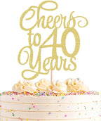 Cheers to 40 Years Cake Topper - Gold Glitter 40th Birthday Cake Decorating Supplies, Perfect for 40th Anniversary or Forty Birthday Party, Photo Booth Props