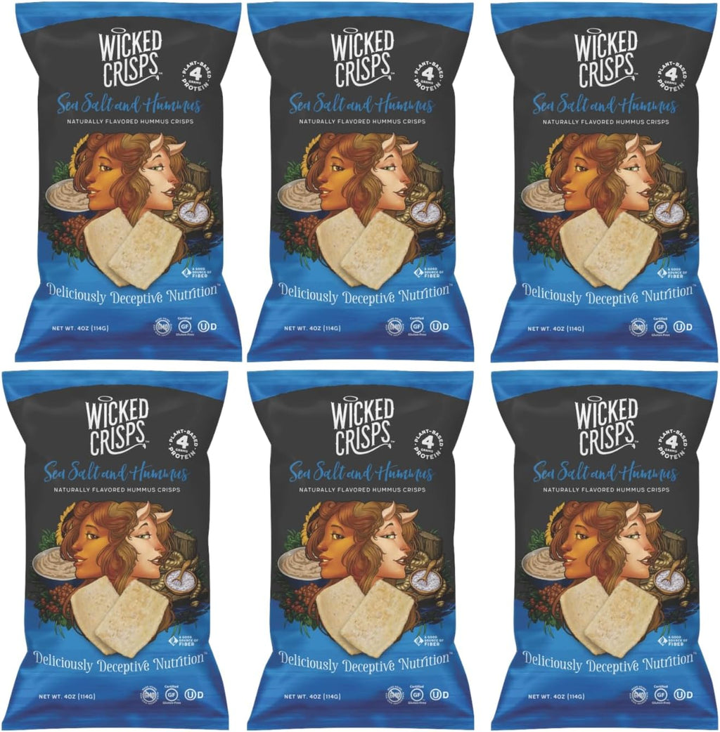 Baked Veggie Chips, Wicked Crisps - Sea Salt Hummus, Pea & Chickpea, Healthy Snack, Gluten-free, Low-fat, Non-GMO, Kosher, No Additives or Preservatives, 4oz bags, (6 pack)