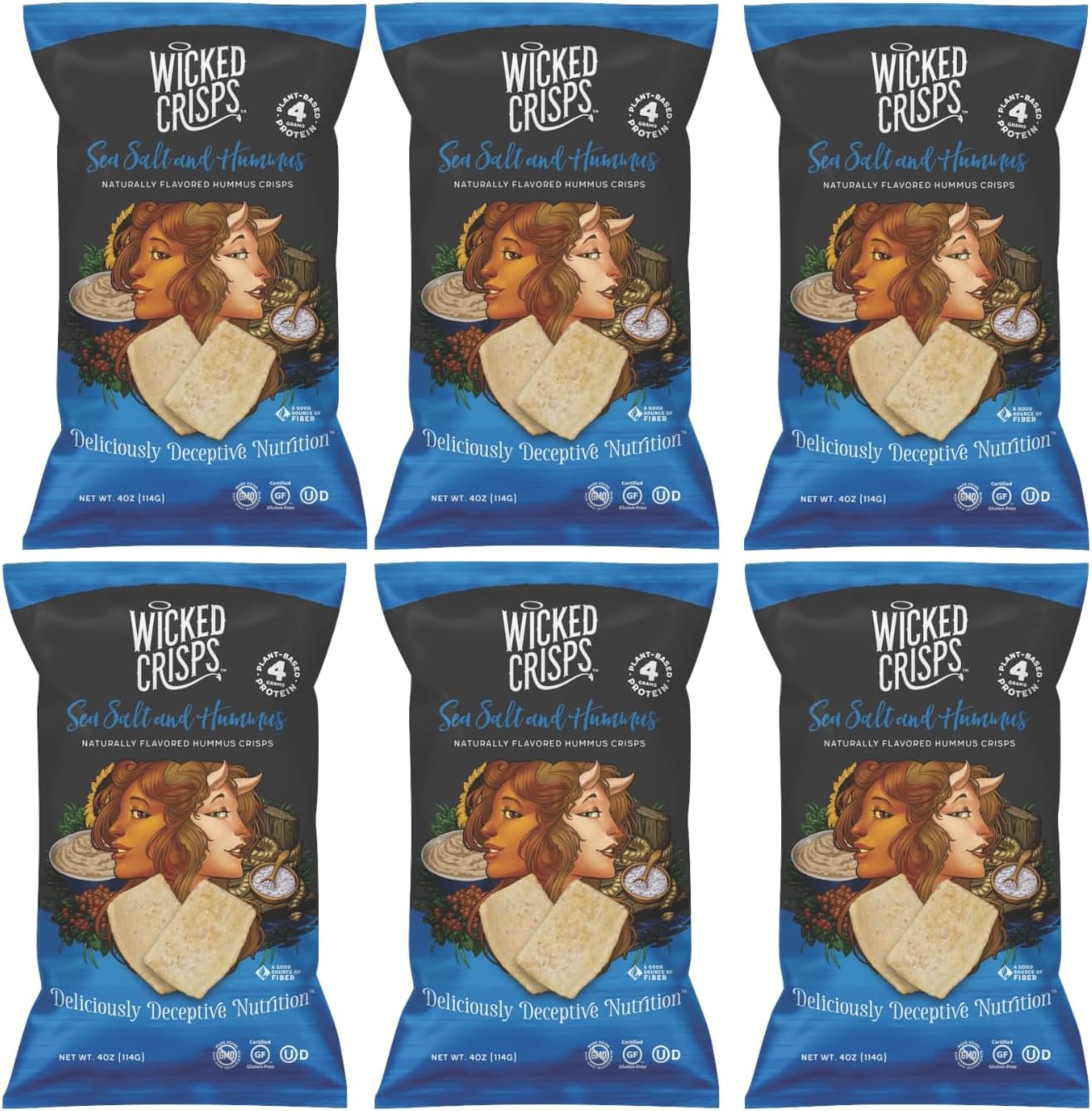 Baked Veggie Chips, Wicked Crisps - Sea Salt Hummus, Pea & Chickpea, Healthy Snack, Gluten-free, Low-fat, Non-GMO, Kosher, No Additives or Preservatives, 4oz bags, (6 pack)