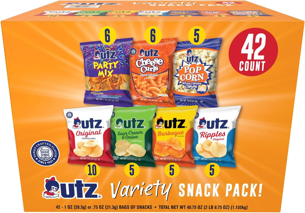 Utz Snack Variety Pack Individual Snacks, Includes Potato Chips, Cheese Curls, Popcorn, and Party Mix, Crunchy Travel Snacks for Lunches, Vending Machines, and Enjoying on the Go (Pack of 42)