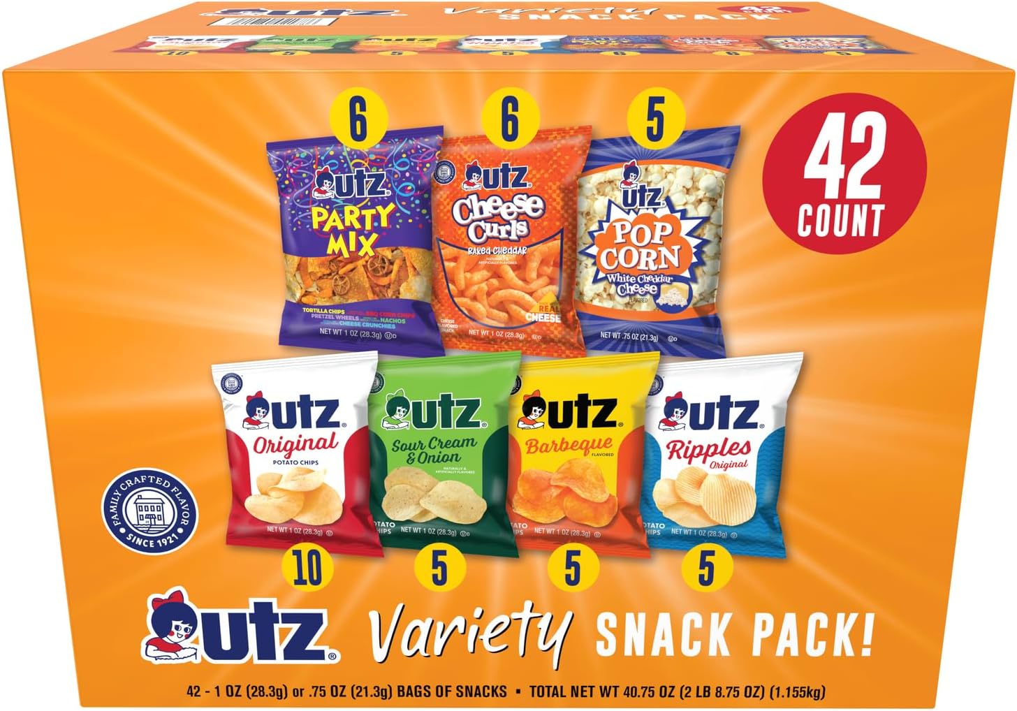Utz Snack Variety Pack Individual Snacks, Includes Potato Chips, Cheese Curls, Popcorn, and Party Mix, Crunchy Travel Snacks for Lunches, Vending Machines, and Enjoying on the Go (Pack of 42)