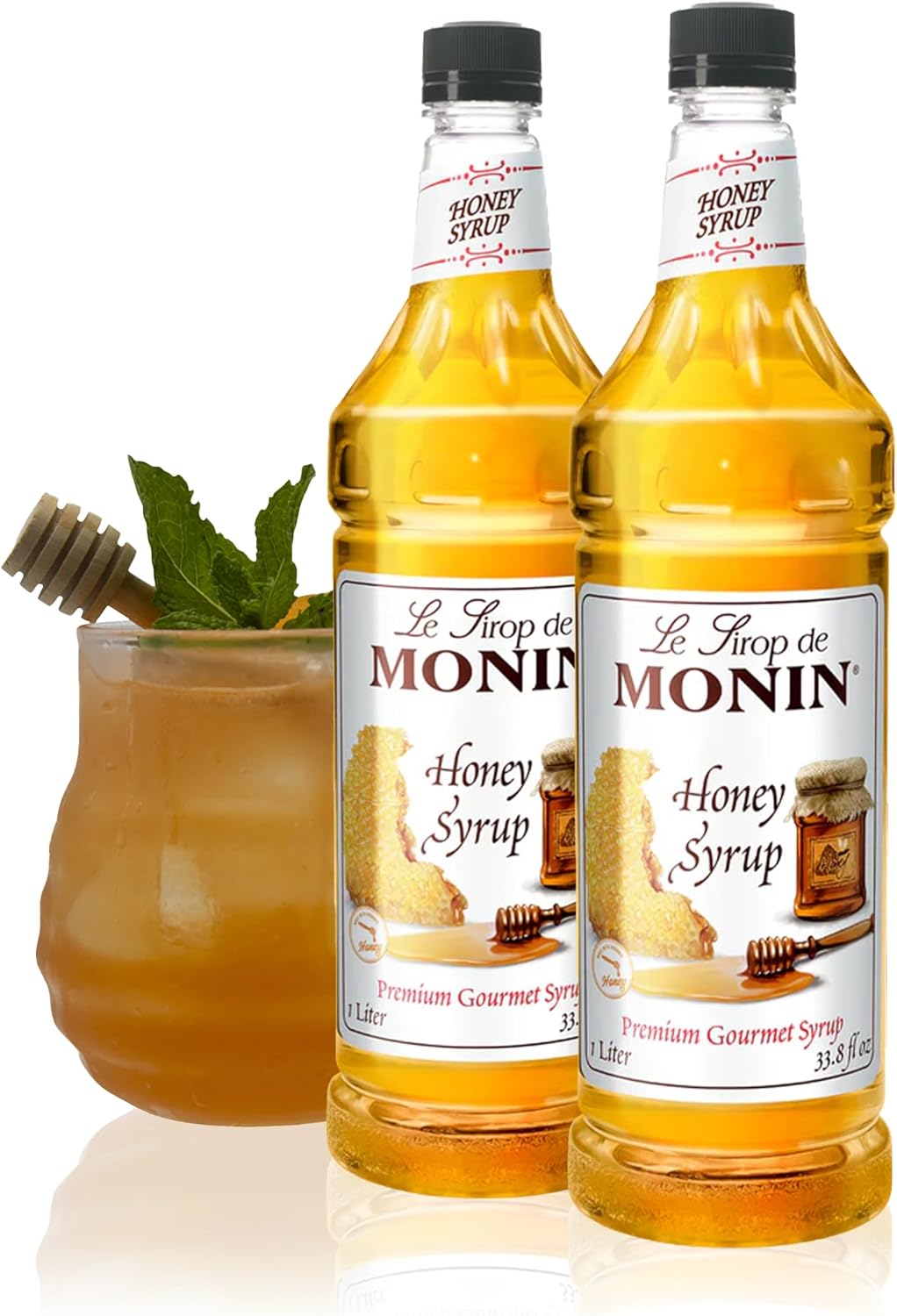 Monin - Honey Syrup, Smooth Sweet Honey Flavor, Great for Teas, Lemonades, Cocktails, & Coffee, Gluten-Free, Non-GMO (1 Liter, 2-Pack)