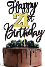 1 PCS Happy 21st Birthday Cake Topper - Black Gold Glitter Cheers to 21 Years - Fabulous Cake Decoration for 21st Birthday Party