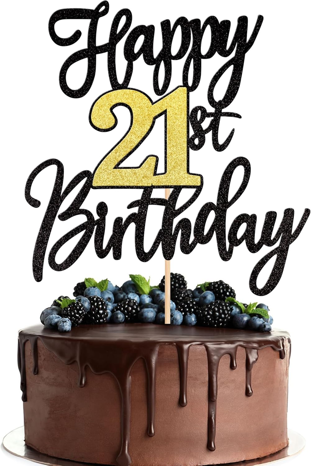 1 PCS Happy 21st Birthday Cake Topper - Black Gold Glitter Cheers to 21 Years - Fabulous Cake Decoration for 21st Birthday Party