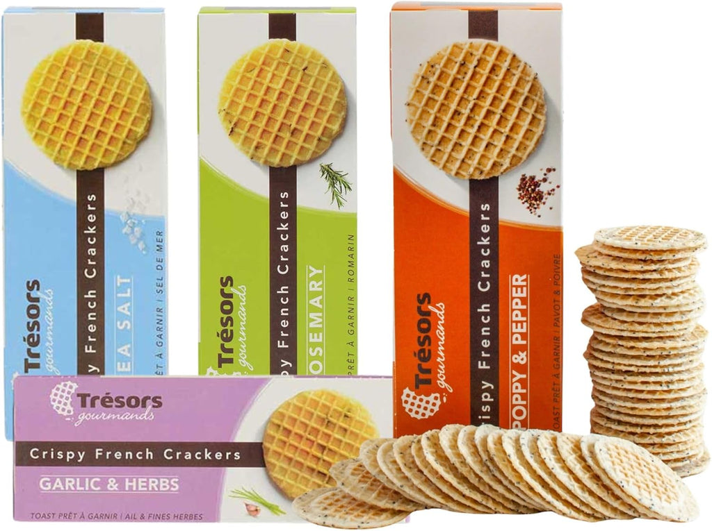 Tresors Crackers Variety Pack - Rosemary Cracked Pepper Sea Salt Garlic Herb Thin Light French Waffle Crisps for Charcuterie Crackers for Cheese & Meat Trays