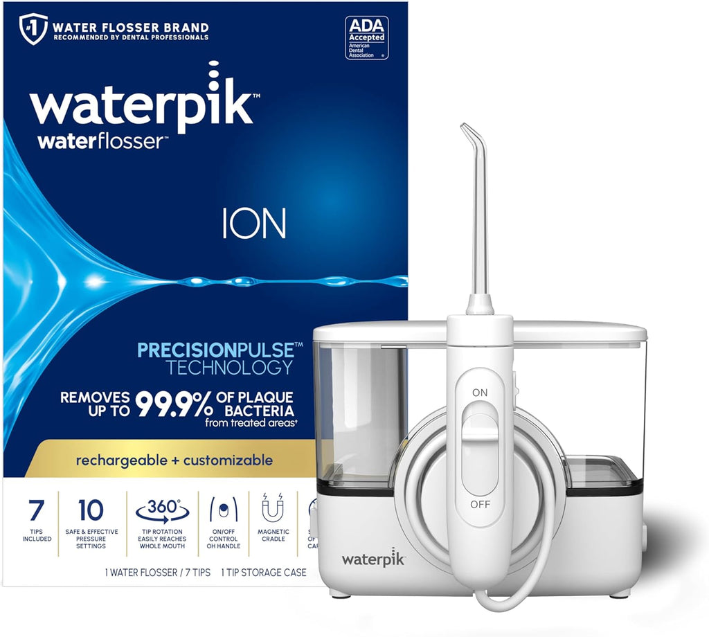 Waterpik ION Professional Water Flosser, Rechargeable and Portable for Teeth, Gums, Braces, 10 Settings, 7 Flossing Tips For Multiple Users And Needs, ADA Accepted, WF-12 White, Packaging May Vary