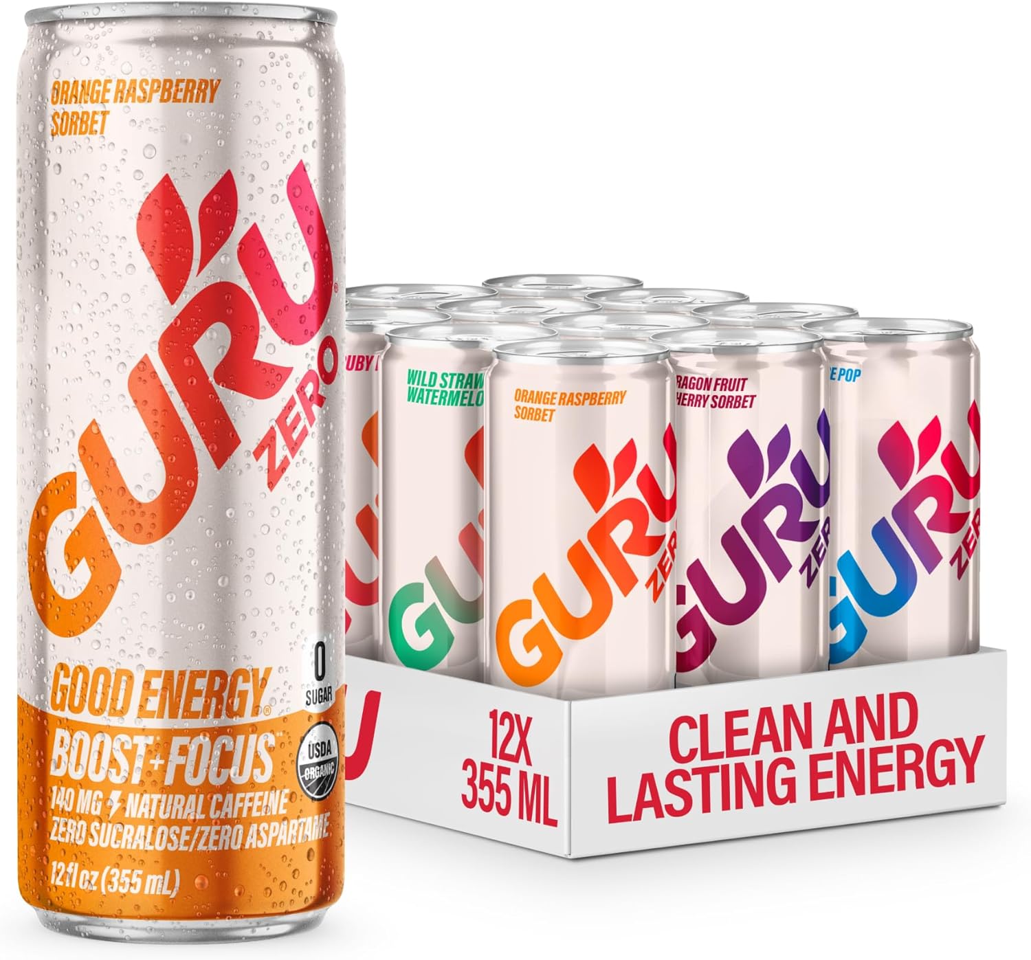 GURU ZERO SUGAR Organic Energy Drinks Variety Pack, Clean Energy Drink with Plant Based Natural Caffeine from Green Tea, Coconut Water, Prebiotic, Zero Added sugars, Gluten Free and Vegan, Pre Workout, Healthy Drinks, 12oz (Pack of 12)