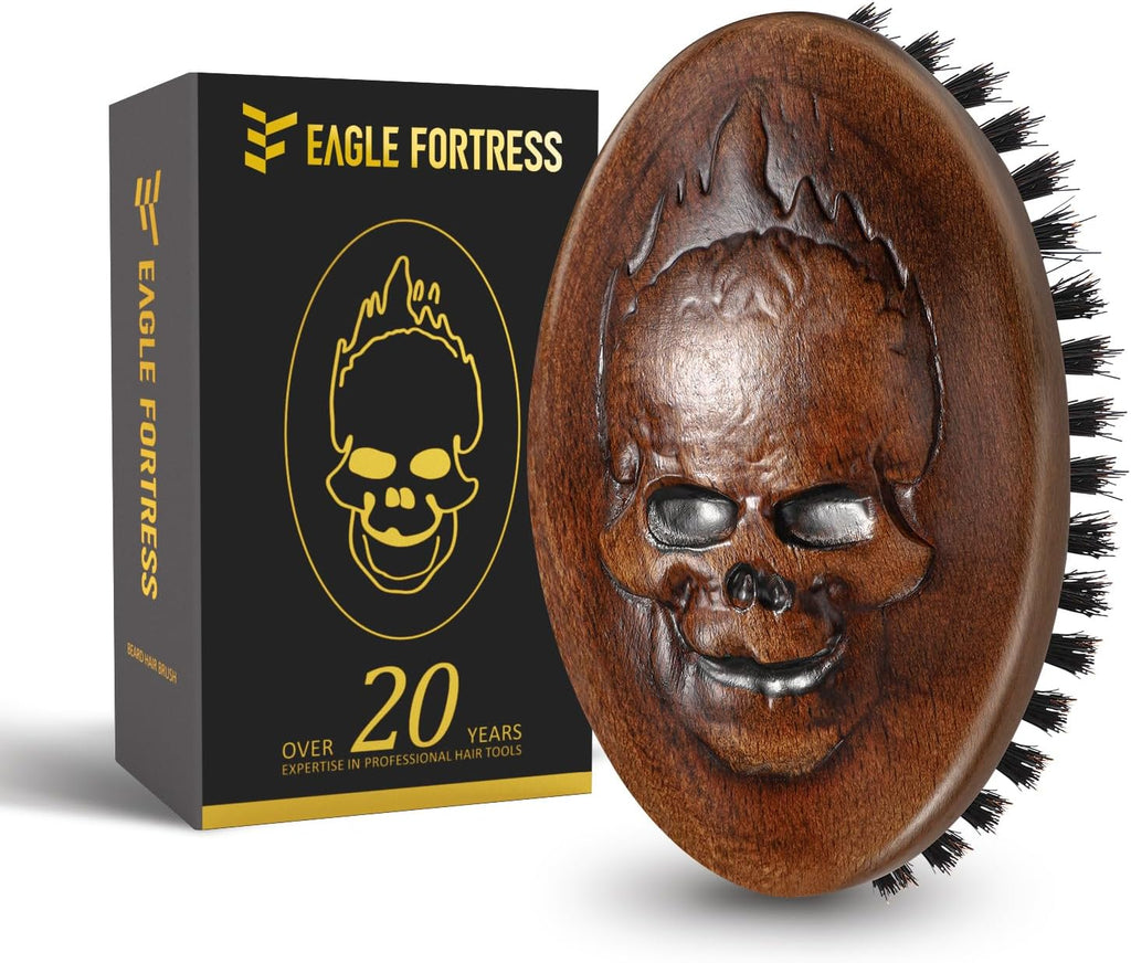 Eagle Fortress Boar Bristle Hair Brush for Men Hair Care - Beard Brush, Mustache Brush with Skull on Wooden Handle, Grooming & Styling Tool for Men, Travel Size