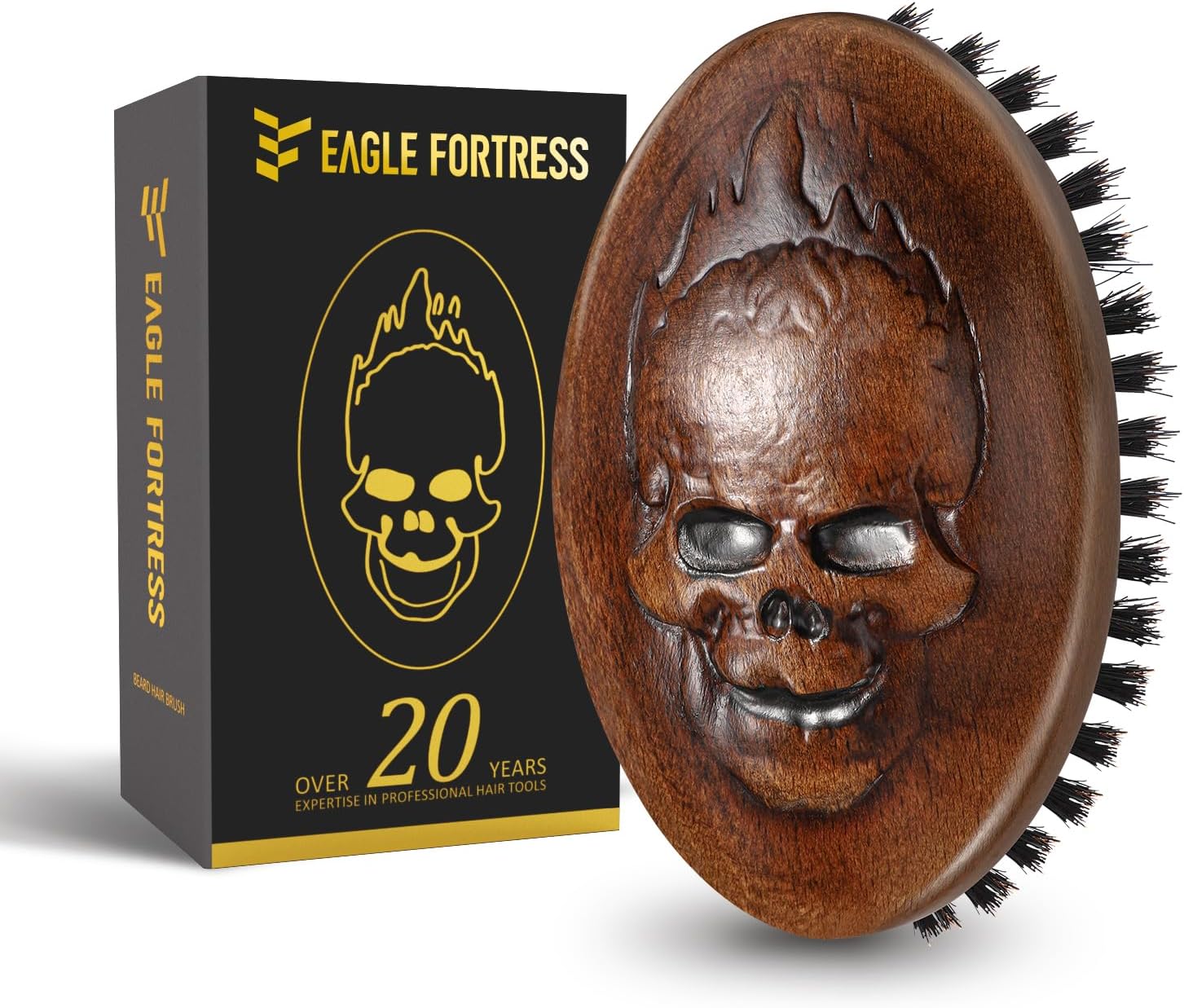 Eagle Fortress Boar Bristle Hair Brush for Men Hair Care - Beard Brush, Mustache Brush with Skull on Wooden Handle, Grooming & Styling Tool for Men, Travel Size