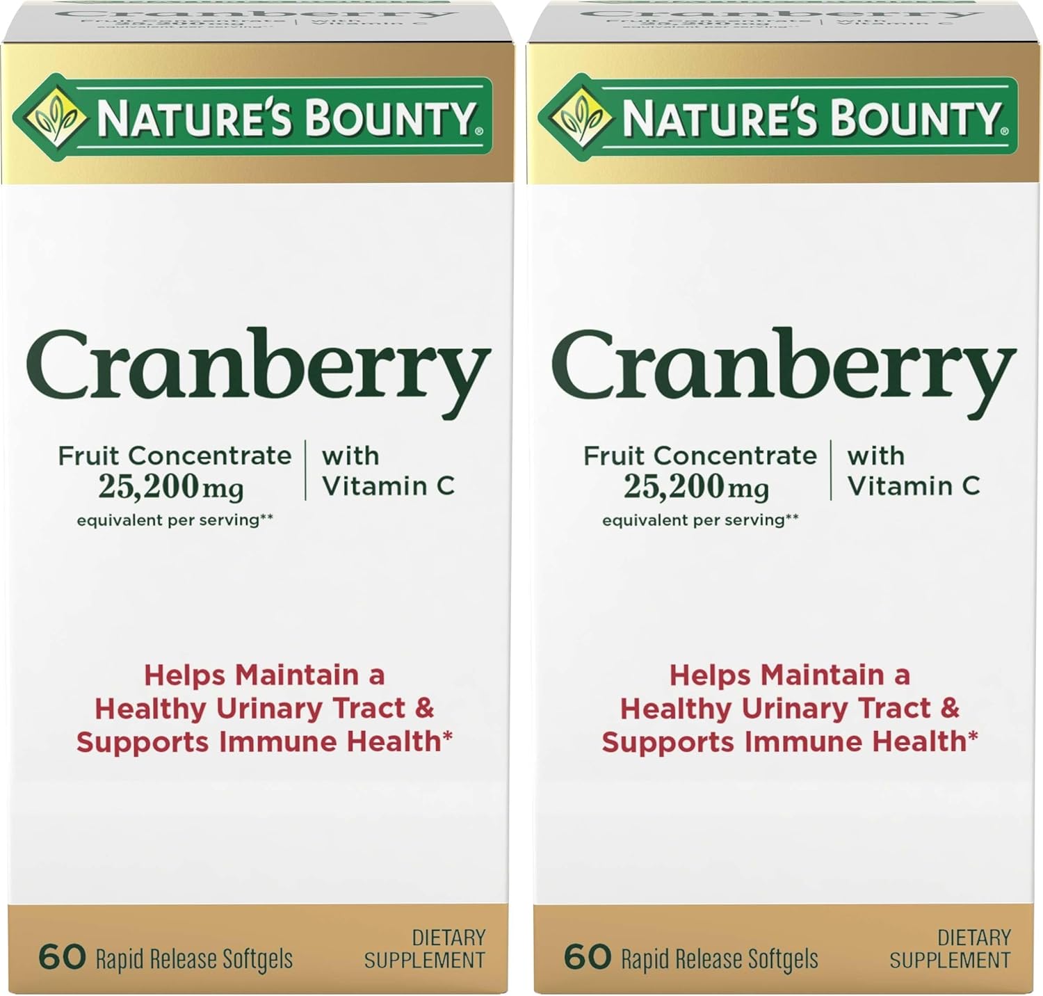 Nature's Bounty Cranberry Dietary Supplement, Supports Urinary Tract and Immune Health, Softgels, 25,200 Mg, 60 Ct (Pack of 2)