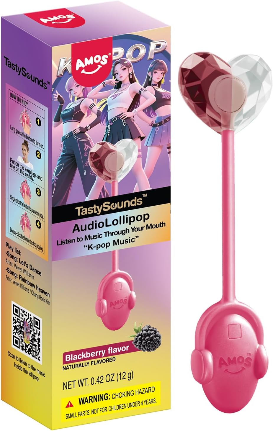 Amos Music Lollipop Candy, Audio Singing Lollipop, Individually Wrapped Natural blackberry Flavor (1 Pack)