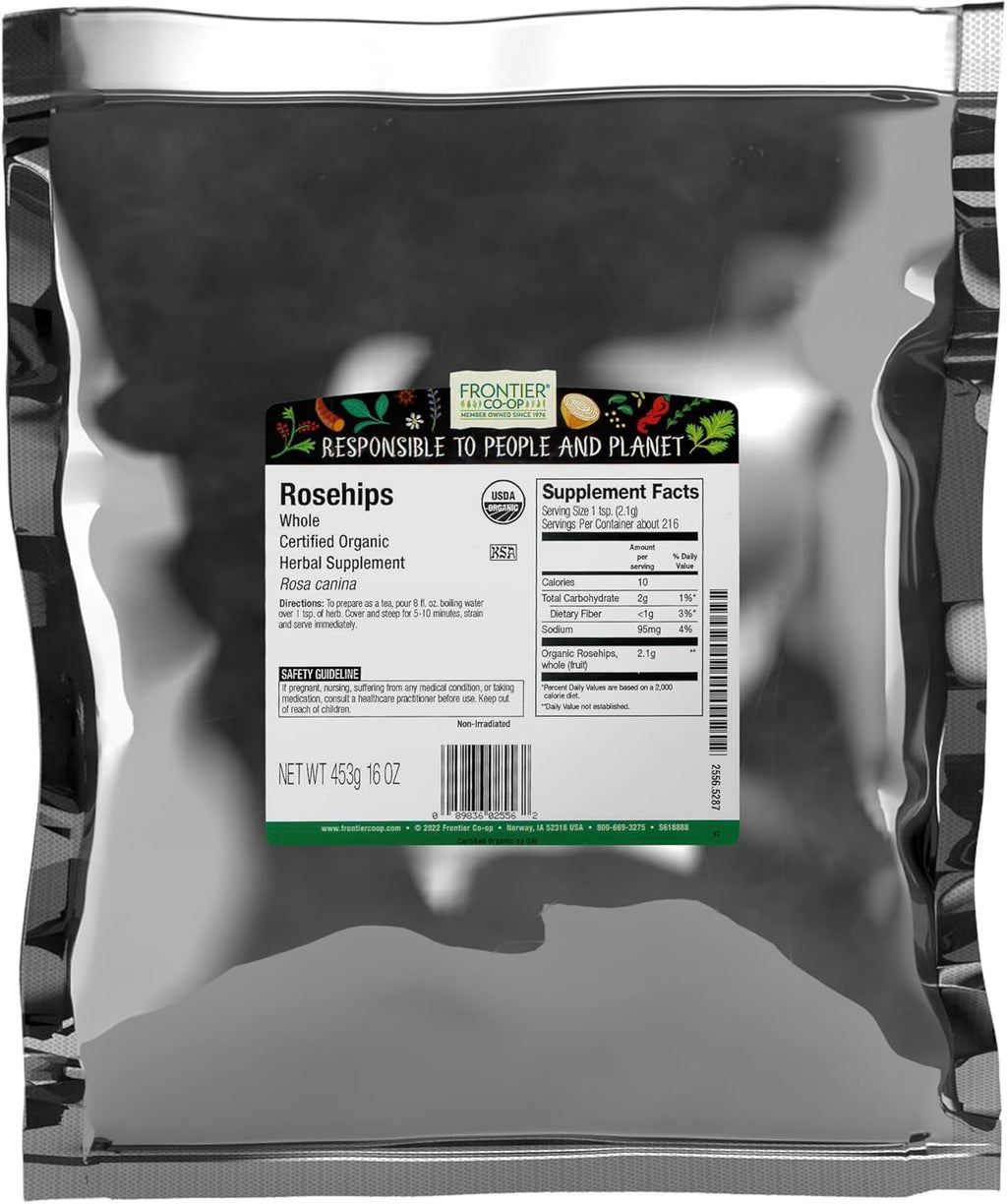 Frontier Co-op Organic Whole Rosehips - Dried Rose Hips for Tea, Powder, Oil and More - Kosher | 16 Ounce (Pack of 1)