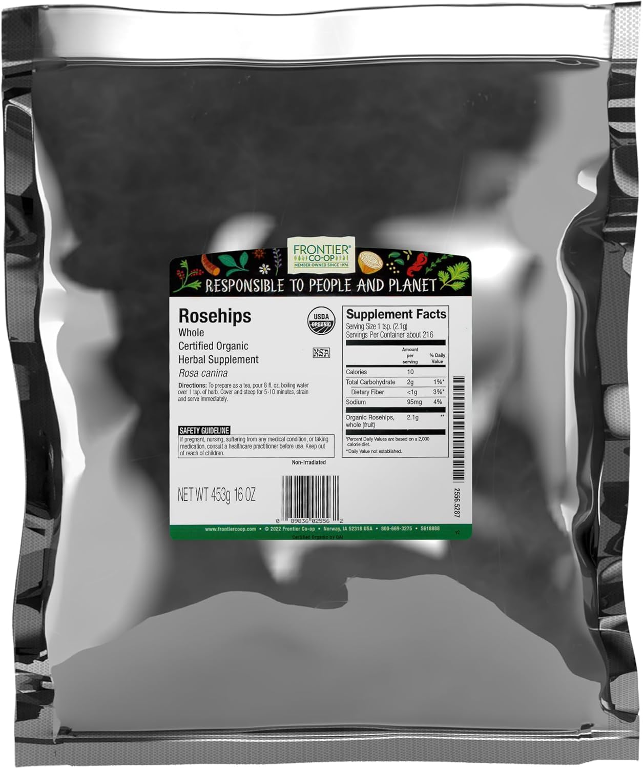 Frontier Co-op Organic Whole Rosehips - Dried Rose Hips for Tea, Powder, Oil and More - Kosher | 16 Ounce (Pack of 1)
